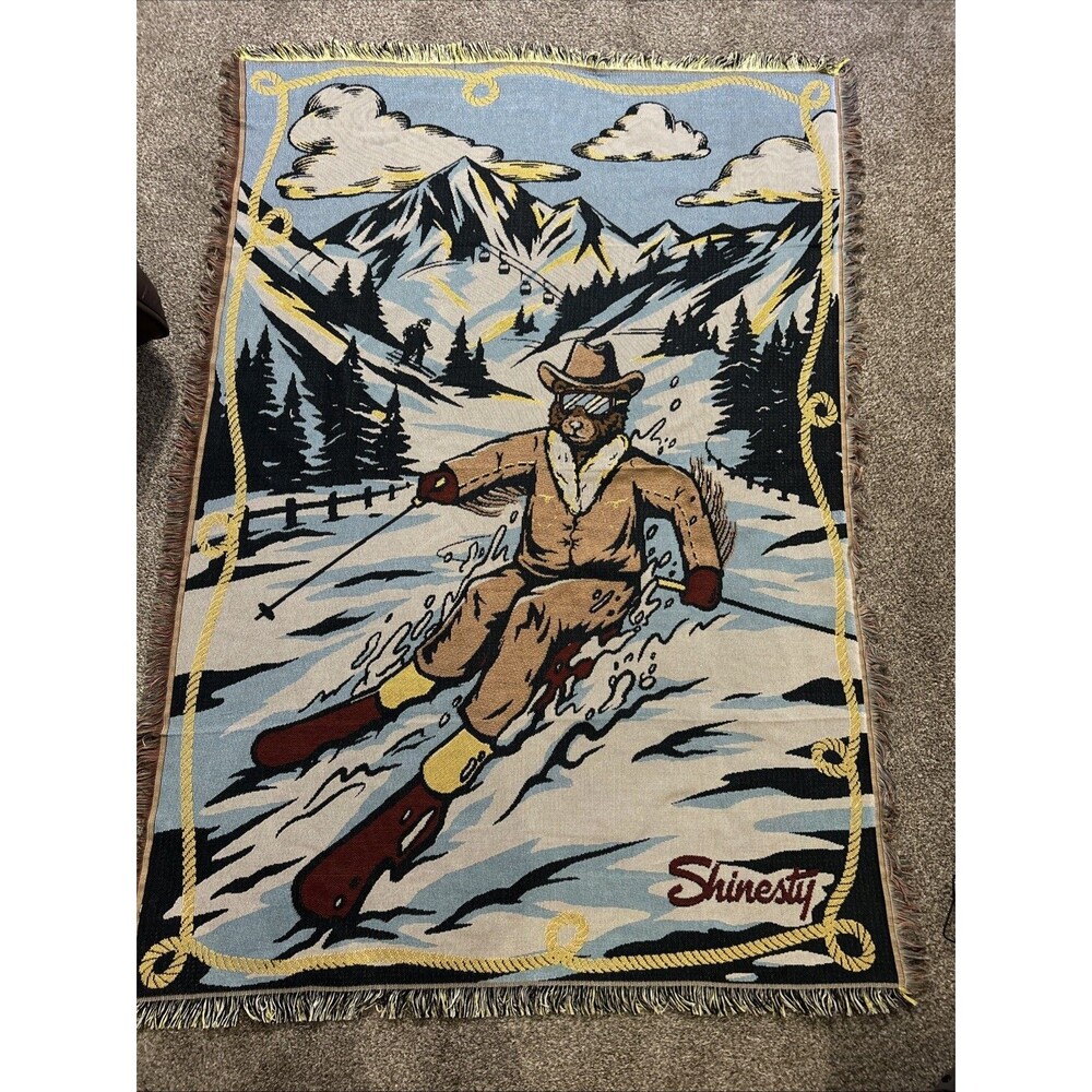 Shinesty "Skiing Cowboy bear" 4'x6' Fringed Tapestry Blanket 4485